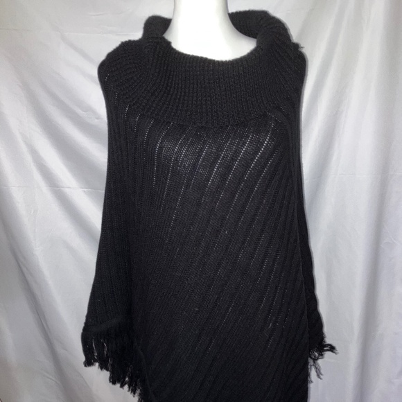 Women’s Black Knit Asymmetrical Cowl Neck Fringe Hem Poncho - Picture 1 of 3